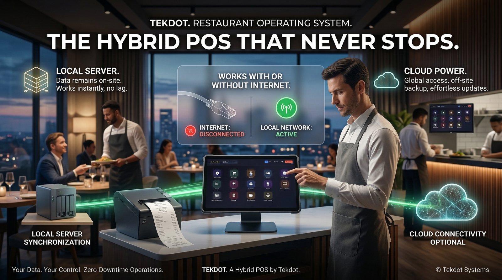 TekDot POS Dashboard showing real-time order management, kitchen display system, and inventory tracking interface