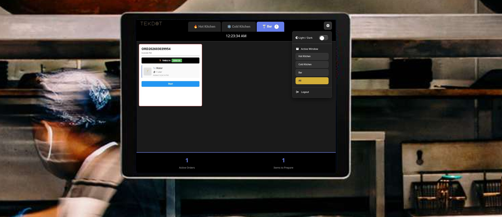 TekDot KDS Kitchen Display Interface showing order tickets and station view