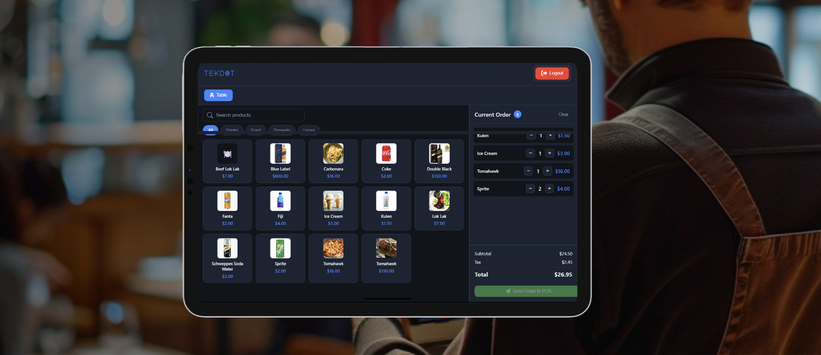 TekDot Menu on iPad — customers browse and send orders to kitchen